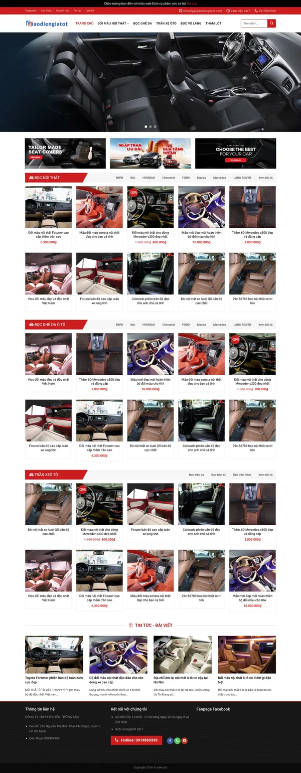 Màn hình đầu mẫu website độ nội thất ô tô với slider khoang lái và banner