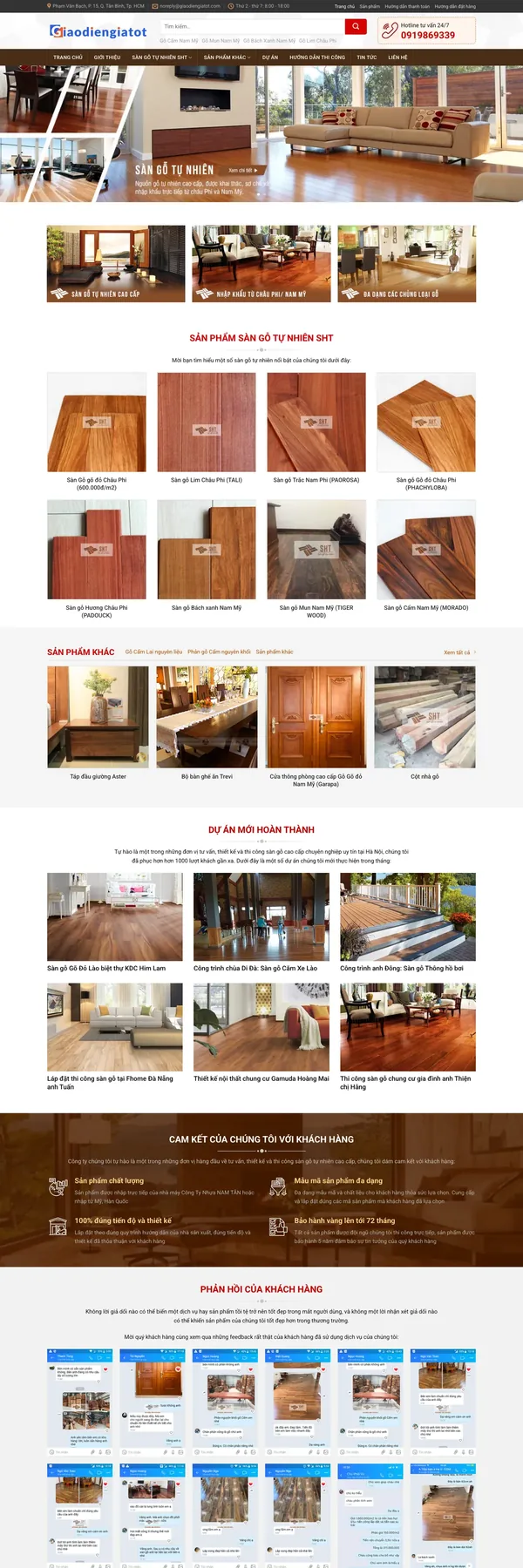 Màn hình đầu mẫu website sàn gỗ tự nhiên với slider phòng khách và 3 banner