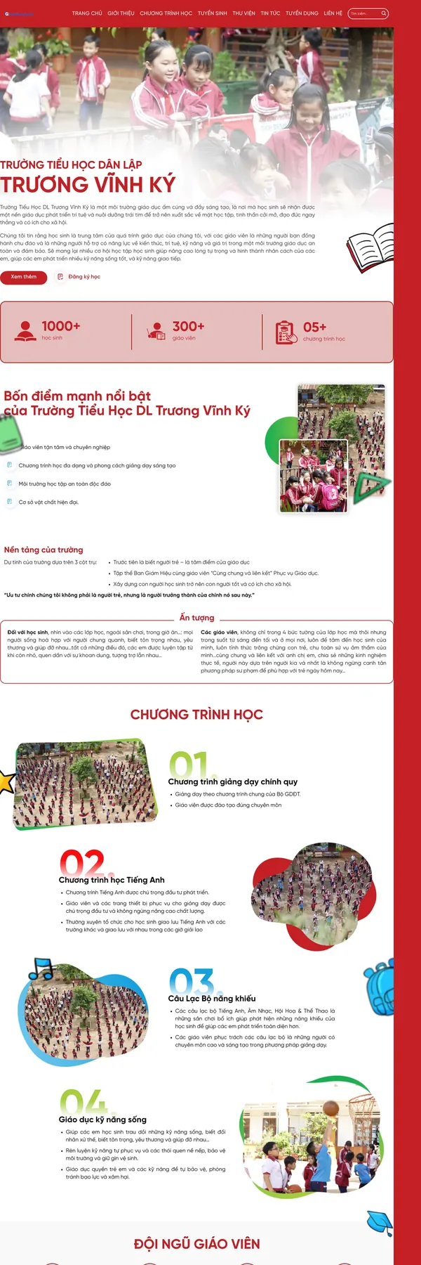 Màn hình đầu mẫu website trường tiểu học dân lập với ảnh học sinh và nút đăng ký học