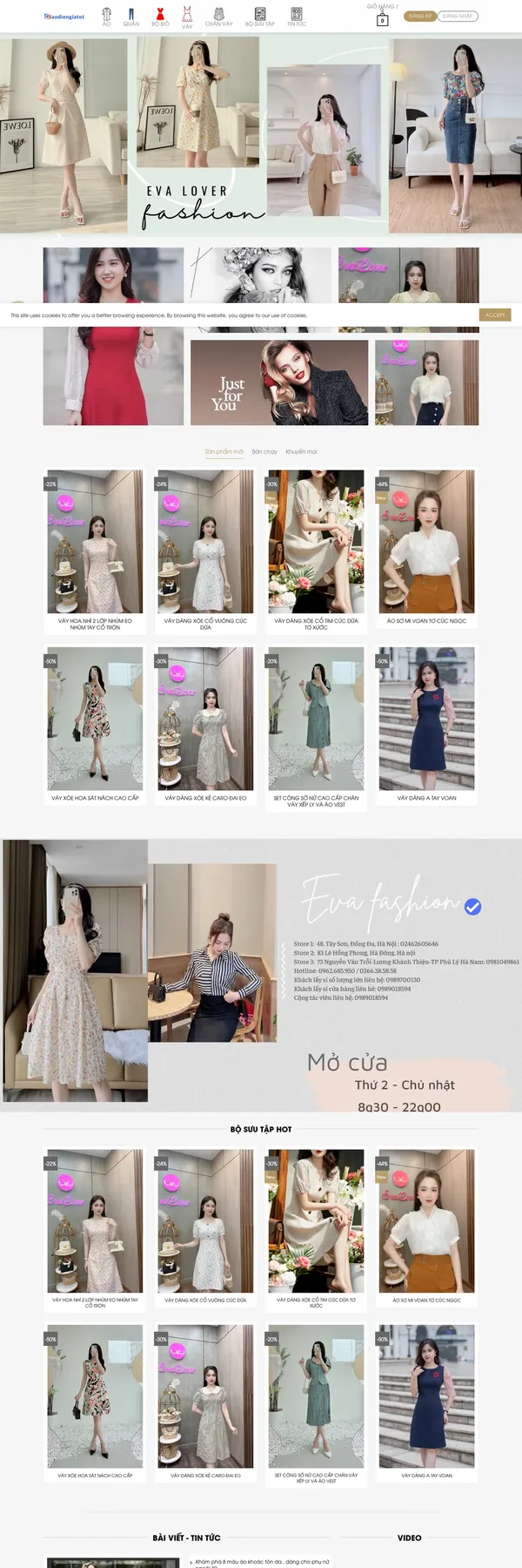 Màn hình đầu mẫu website thời trang nữ công sở với menu biểu tượng và banner ảnh ghép