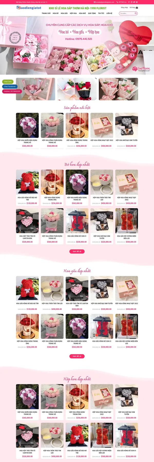 Màn hình đầu mẫu website shop hoa sáp tông hồng với banner hộp hoa