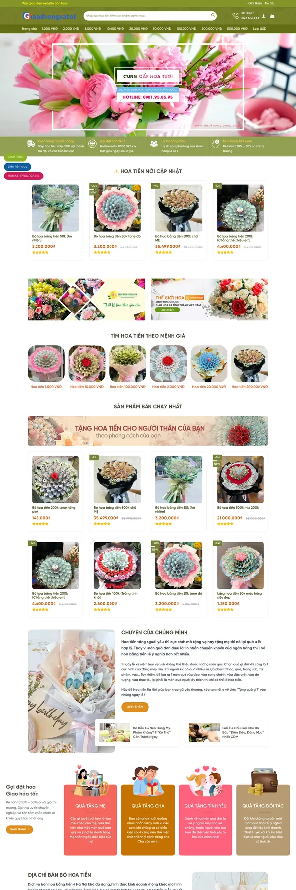 Màn hình đầu mẫu website shop hoa tiền với menu mệnh giá và banner hoa tươi