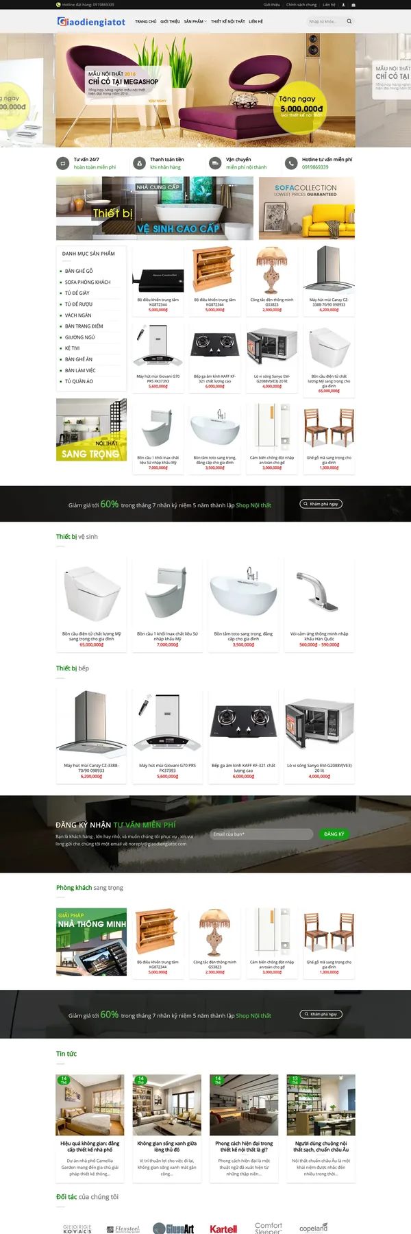Màn hình đầu mẫu website nội thất với slider phòng khách và bốn dịch vụ
