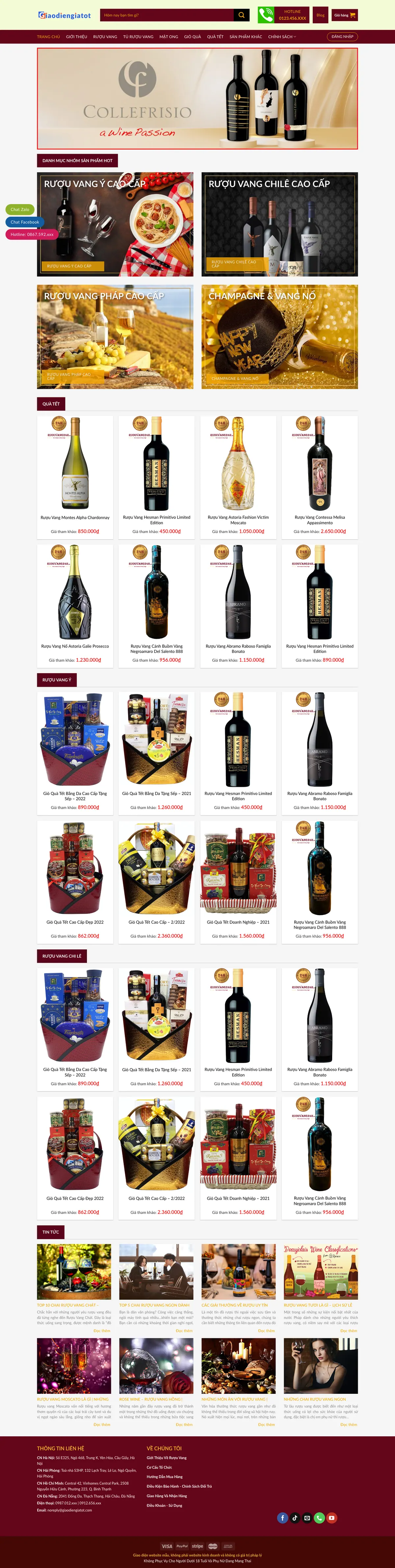 Màn hình đầu mẫu website rượu vang tông đỏ với banner chai vang và menu