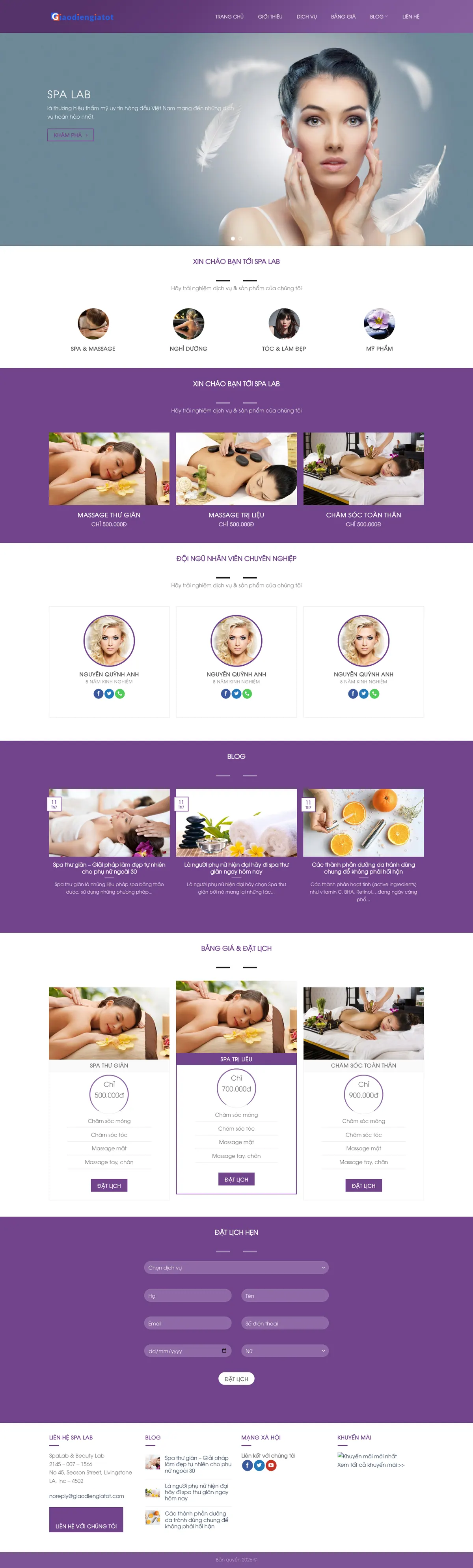Màn hình đầu mẫu website spa thư giãn tông tím với slider chân dung