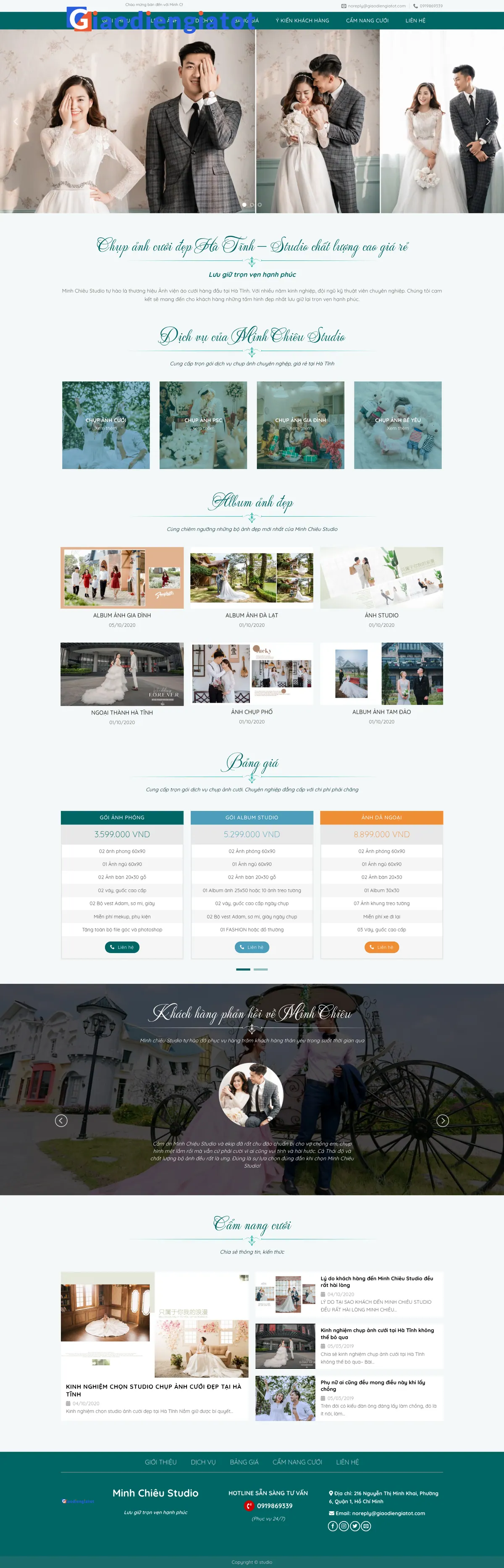 Màn hình đầu mẫu website studio chụp ảnh cưới tông xanh cổ vịt với slider cặp đôi