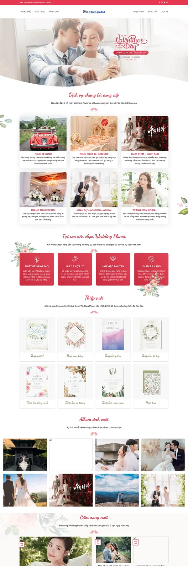 Màn hình đầu mẫu website dịch vụ cưới hỏi trọn gói tông đỏ hồng với banner cặp đôi