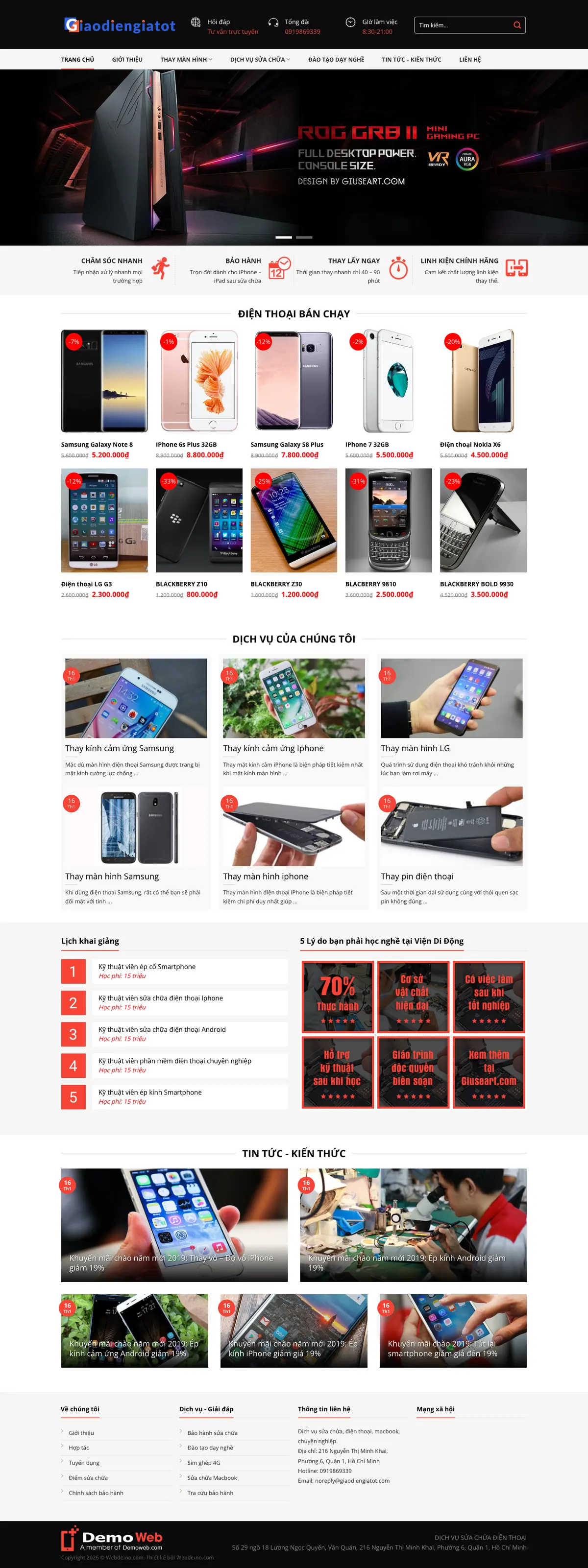 Màn hình đầu mẫu website sửa điện thoại tông đen đỏ với banner và 4 cam kết