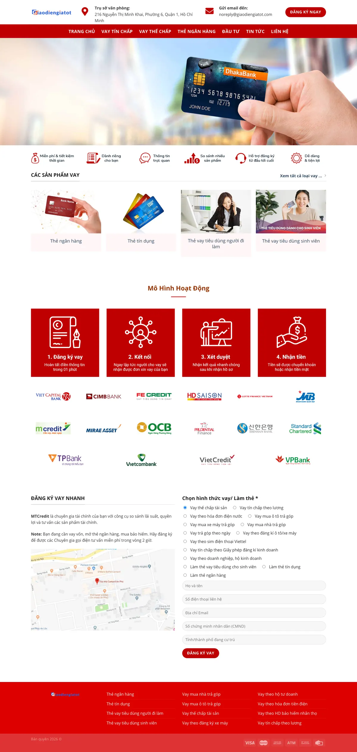 Màn hình đầu mẫu website kết nối vay vốn tông đỏ với banner thẻ ngân hàng