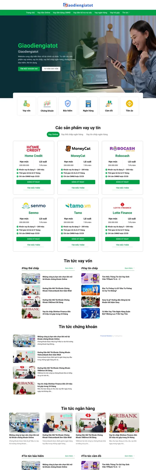 Màn hình đầu mẫu website trang tin tài chính tông xanh lá với 6 chuyên mục
