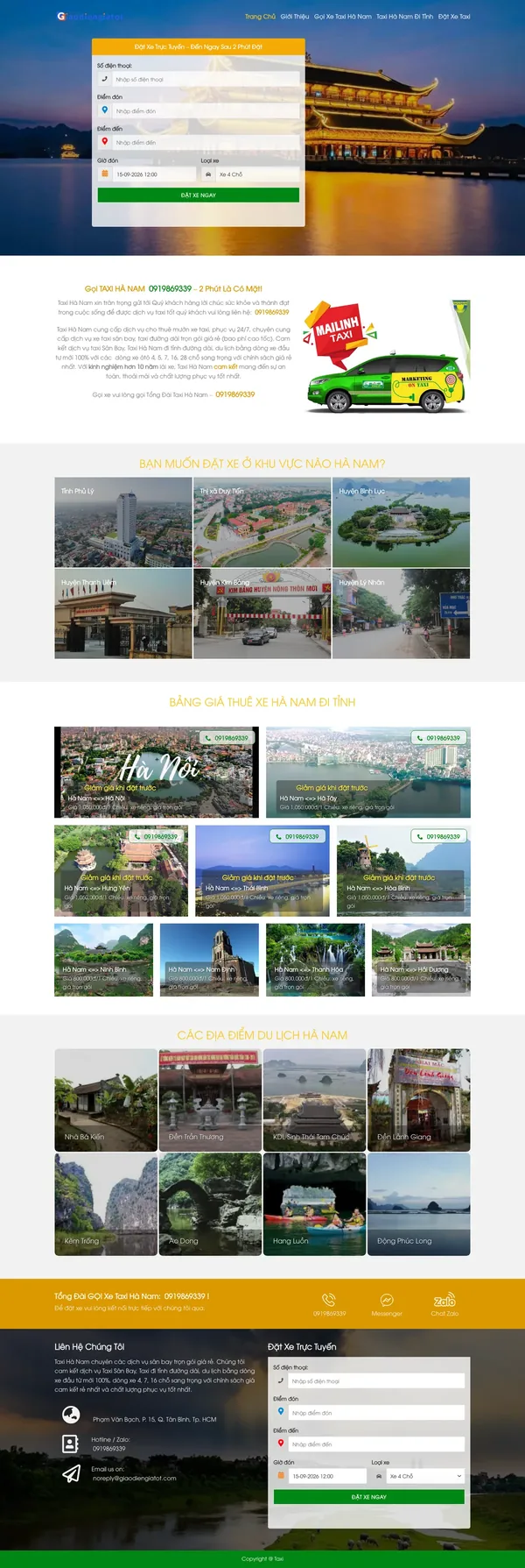 Màn hình đầu mẫu website taxi tỉnh với form đặt xe trên ảnh cảnh đêm