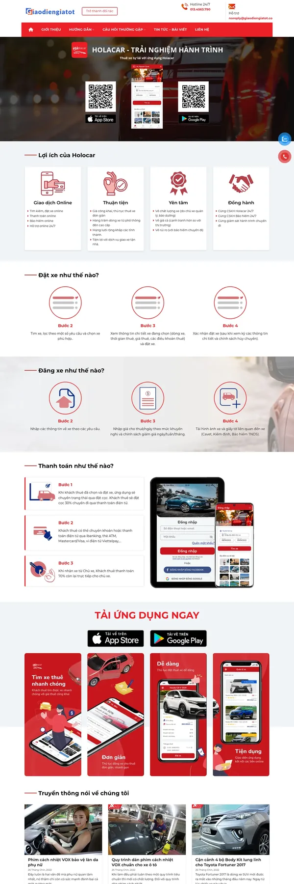 Màn hình đầu mẫu website nền tảng cho thuê xe tự lái với mã QR tải ứng dụng