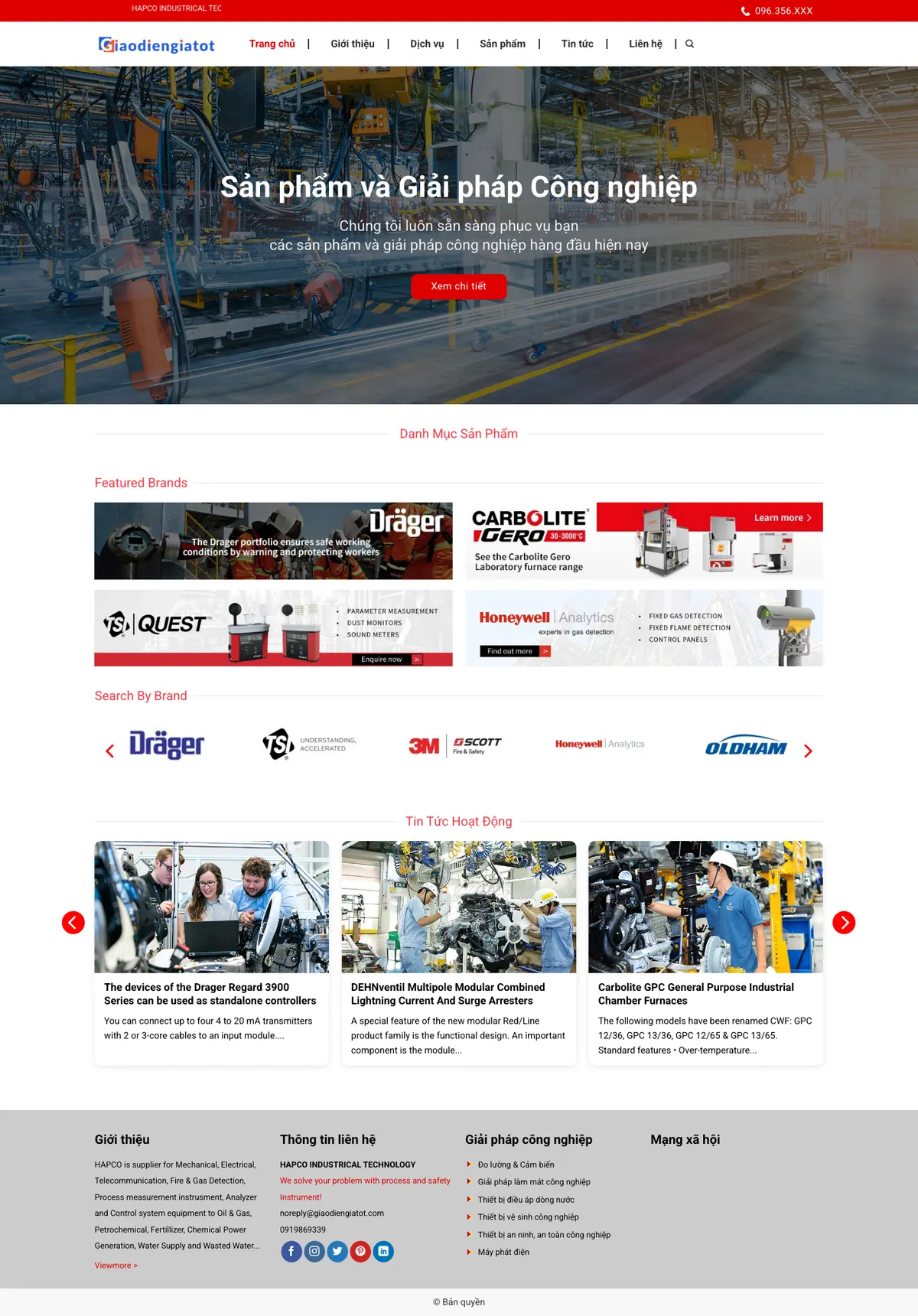 Màn hình đầu mẫu website thiết bị công nghiệp với banner dây chuyền nhà máy