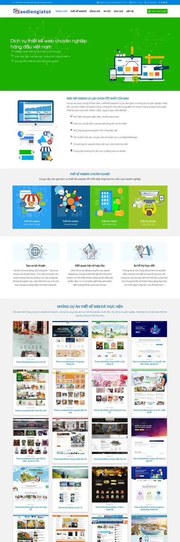 Màn hình đầu mẫu website công ty thiết kế web với banner xanh lá