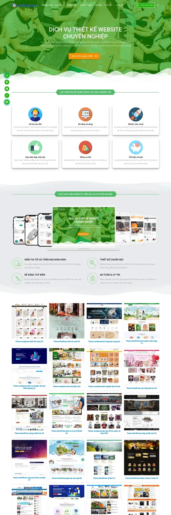 Màn hình đầu mẫu website công ty web, hosting với banner phủ xanh lá