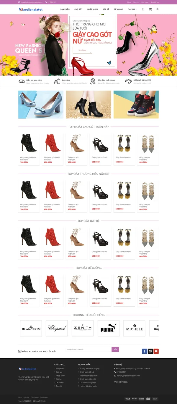 Màn hình đầu mẫu website shop giày nữ với banner giày cao gót nền hồng