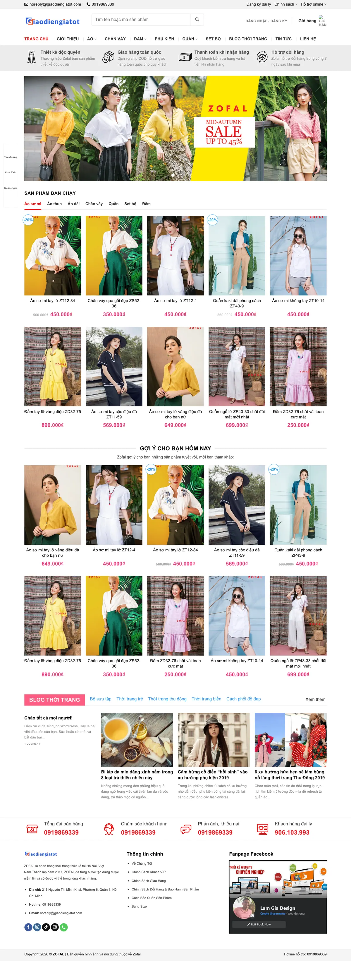 Màn hình đầu mẫu website thời trang nữ thiết kế với thanh cam kết và banner