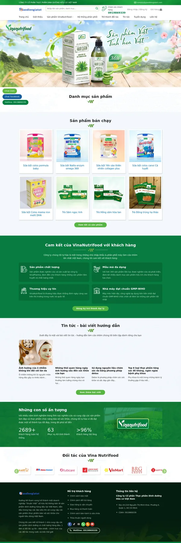 Màn hình đầu mẫu website doanh nghiệp thực phẩm dinh dưỡng tông xanh lá