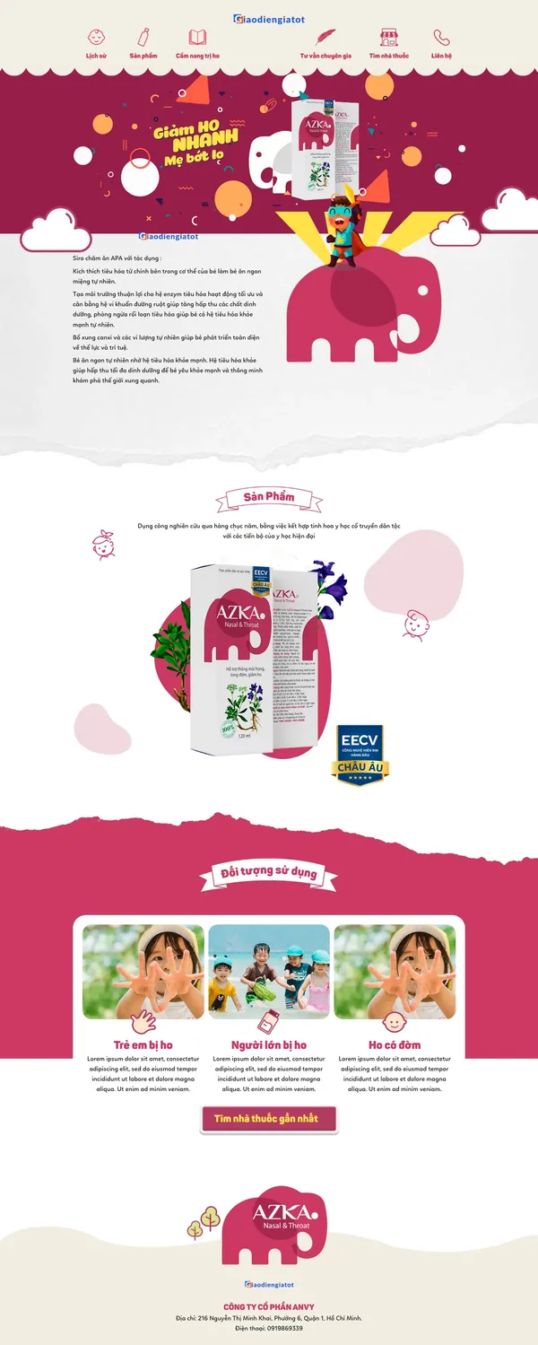 Màn hình đầu mẫu website siro ho thảo dược với banner minh họa hồng mận