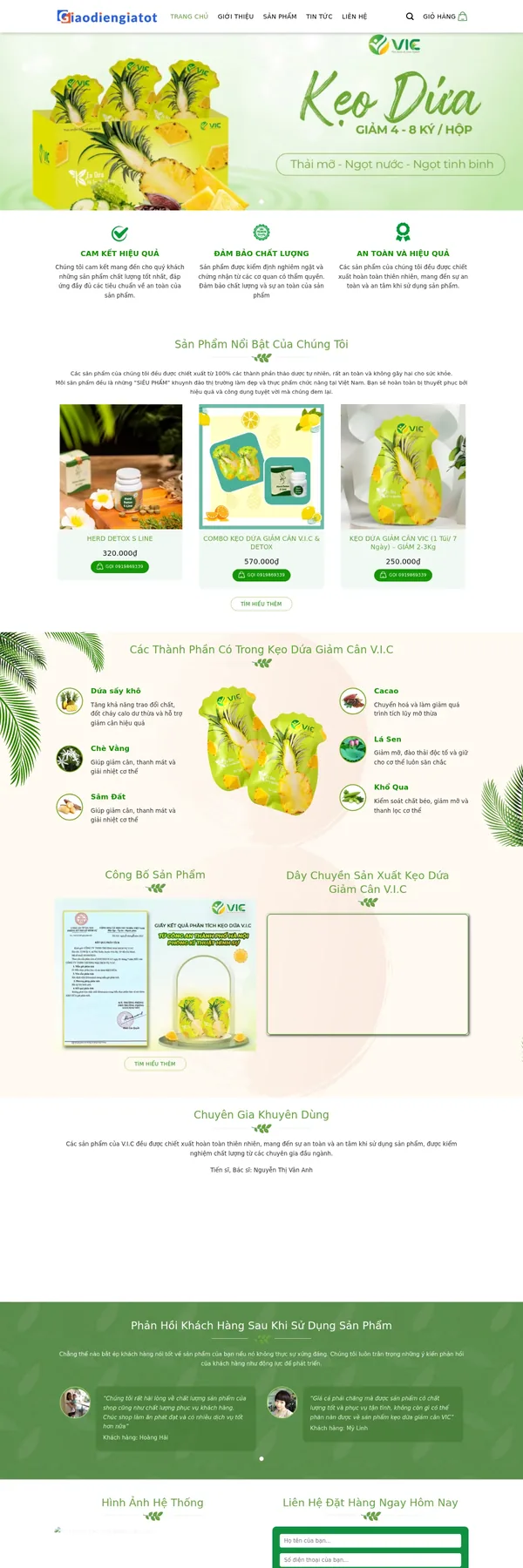 Màn hình đầu mẫu website sản phẩm giảm cân dạng kẹo tông xanh lá