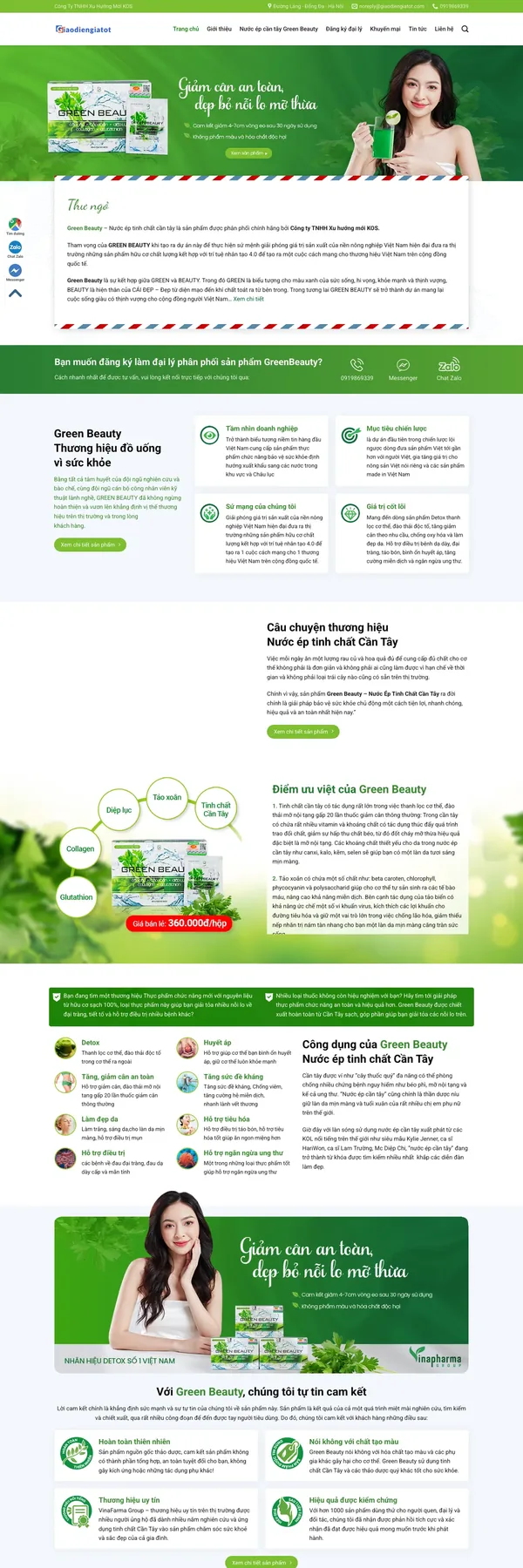 Màn hình đầu mẫu website nước ép cần tây tông xanh lá với banner người mẫu