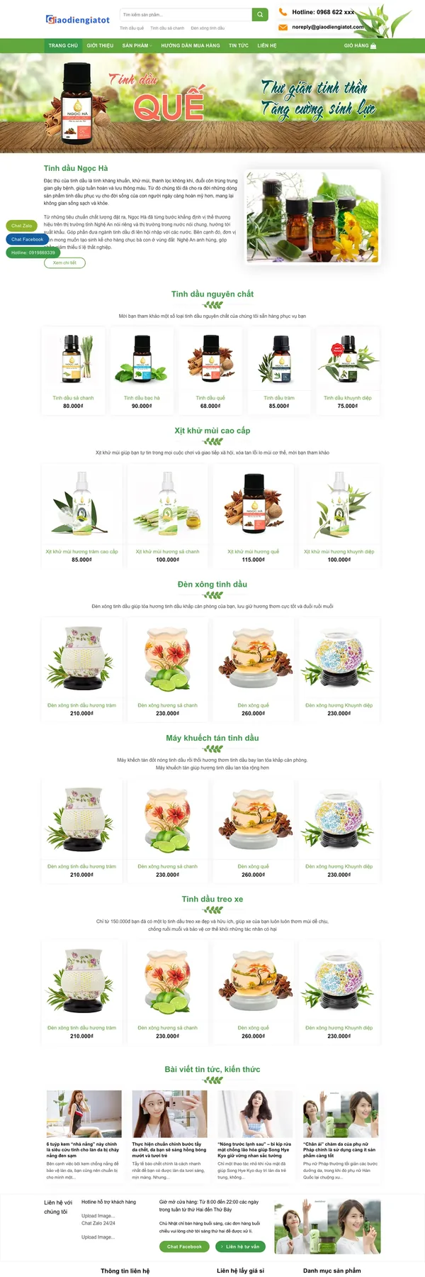 Màn hình đầu mẫu website tinh dầu với banner chai tinh dầu quế nền gỗ