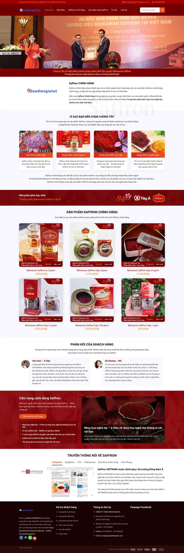 Màn hình đầu mẫu website nhụy hoa nghệ tây tông đỏ đô với banner sự kiện
