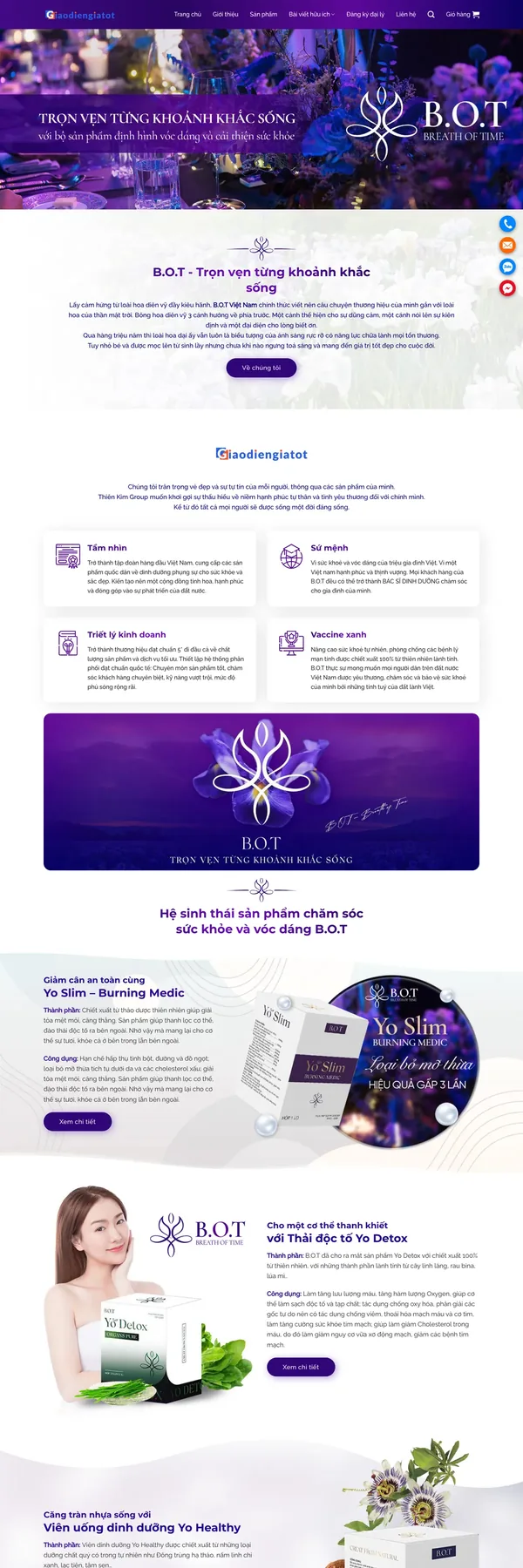 Màn hình đầu mẫu website thương hiệu dinh dưỡng tông tím với logo hoa