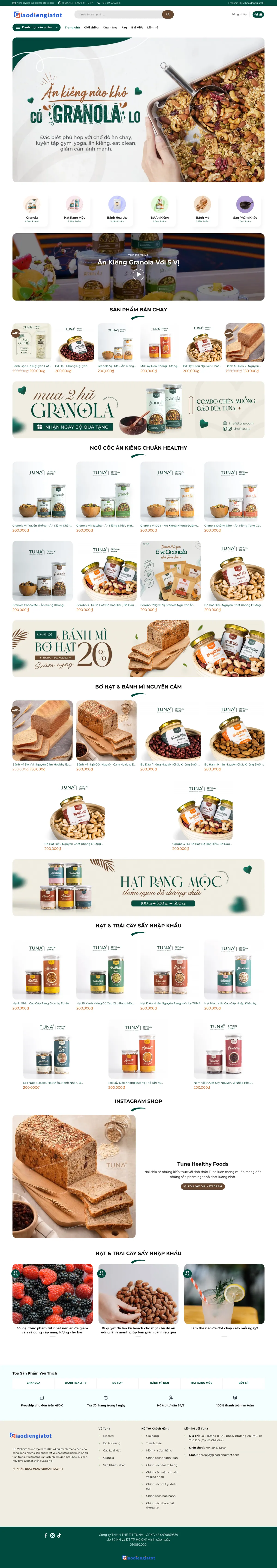 Màn hình đầu mẫu website shop đồ ăn healthy với banner granola
