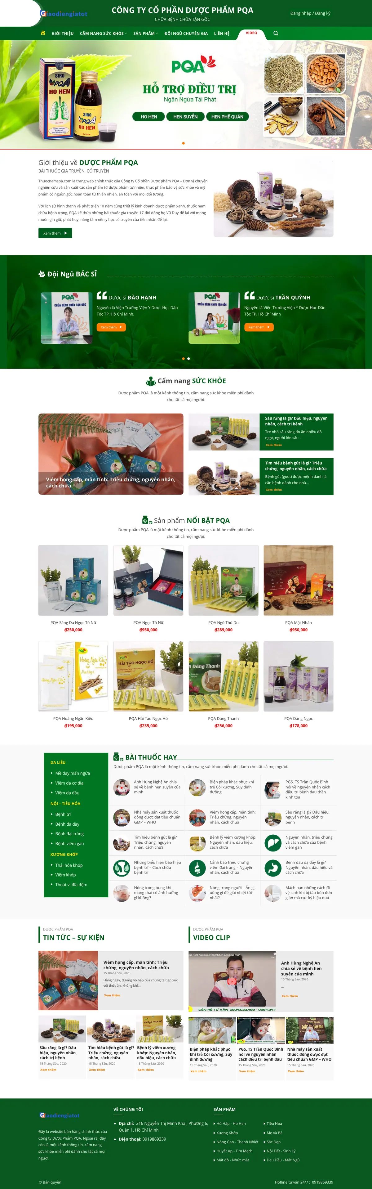 Màn hình đầu mẫu website thuốc nam dược liệu tông xanh lá với slider sản phẩm
