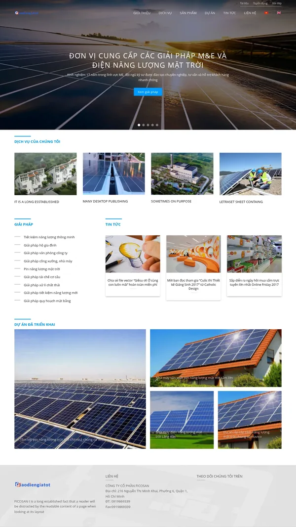 Màn hình đầu mẫu website giải pháp M&E và tiết kiệm năng lượng với slider tấm pin