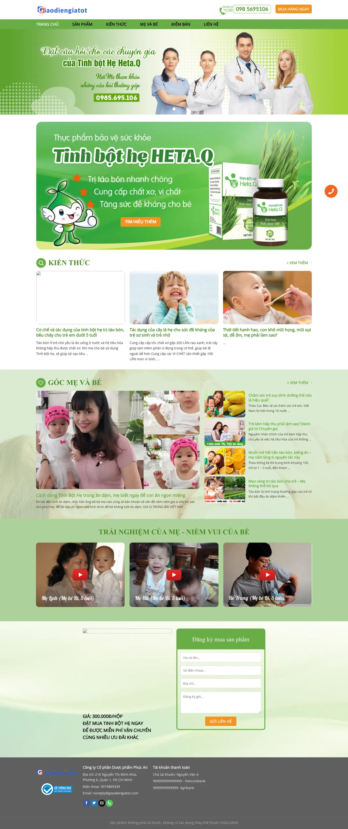 Màn hình đầu mẫu website sản phẩm cho bé tông xanh lá với slider chuyên gia