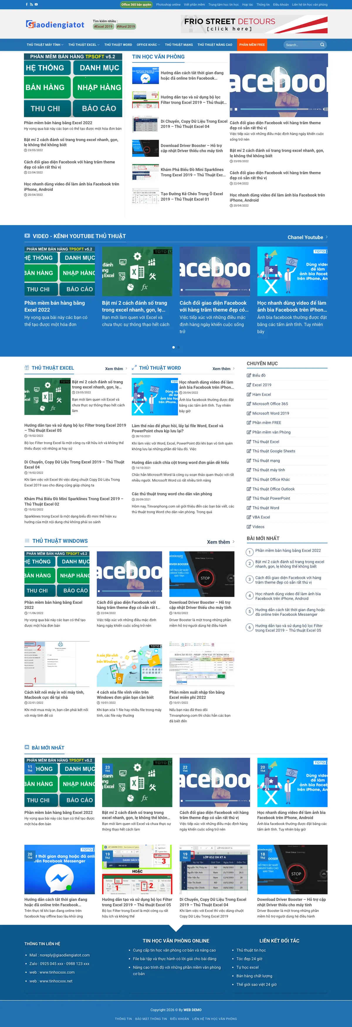 Màn hình đầu mẫu website blog tin học văn phòng với banner quảng cáo và bài nổi bật