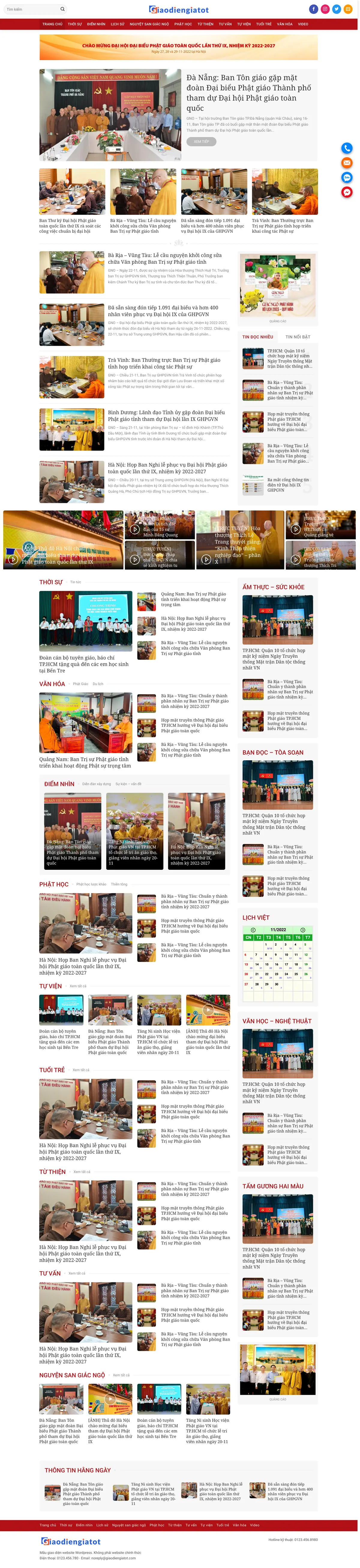 Màn hình đầu mẫu website báo điện tử Phật giáo với menu đỏ và tin tiêu điểm