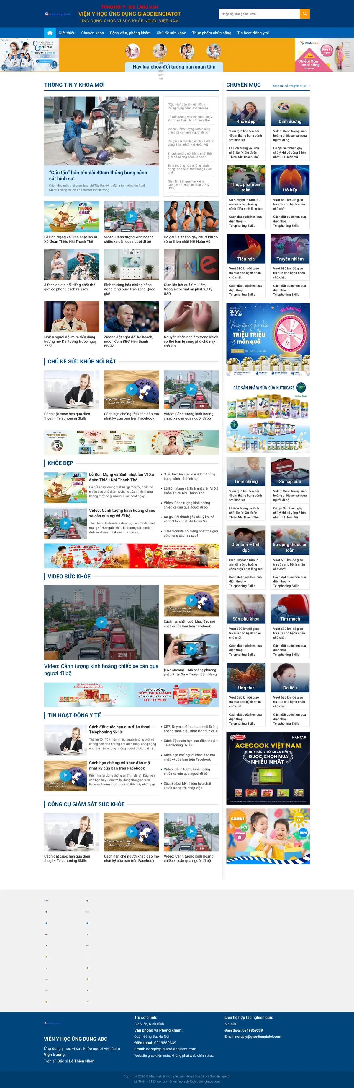 Màn hình đầu mẫu website tin tức y học với tên viện và khối chọn đối tượng