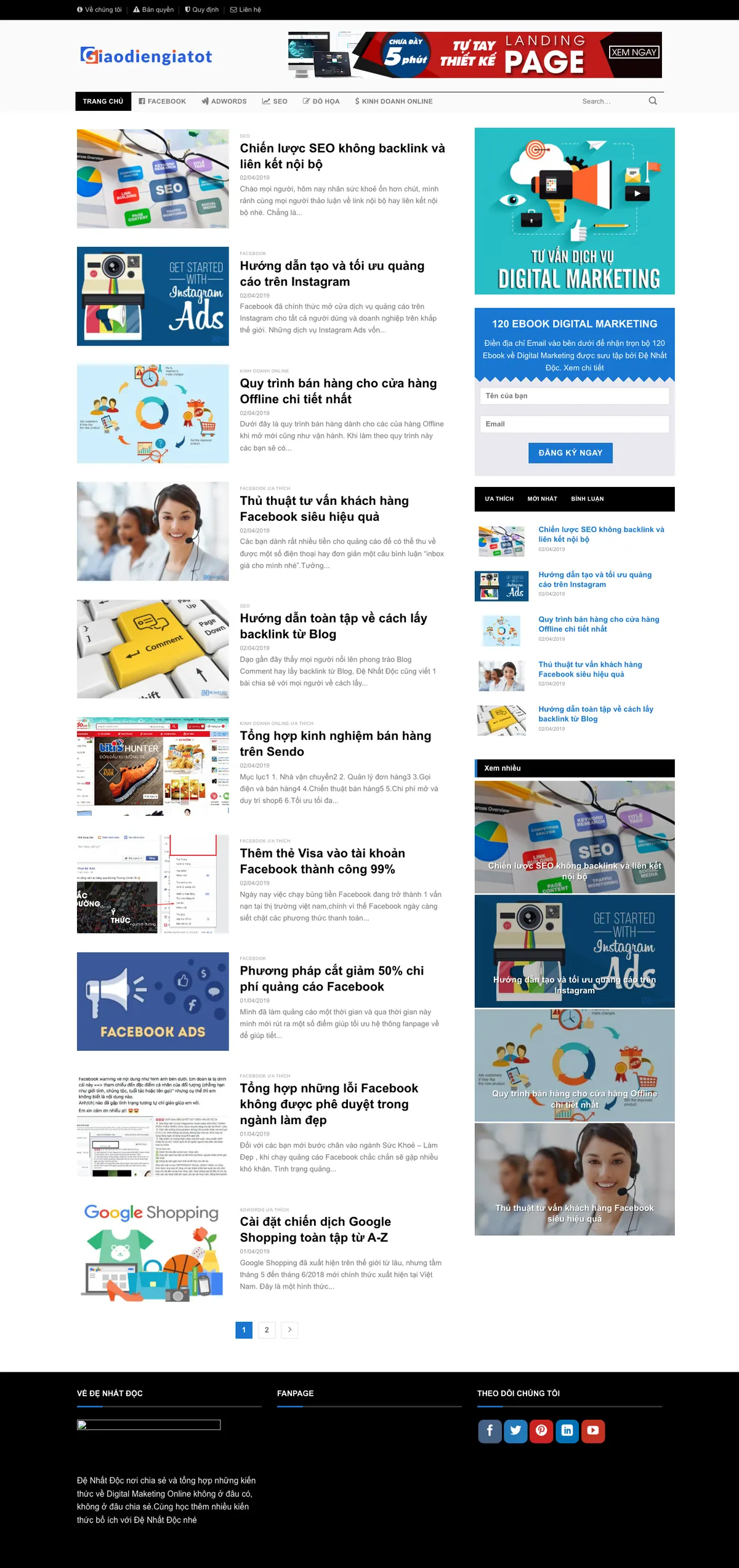 Màn hình đầu mẫu website blog digital marketing với danh sách bài và form nhận ebook