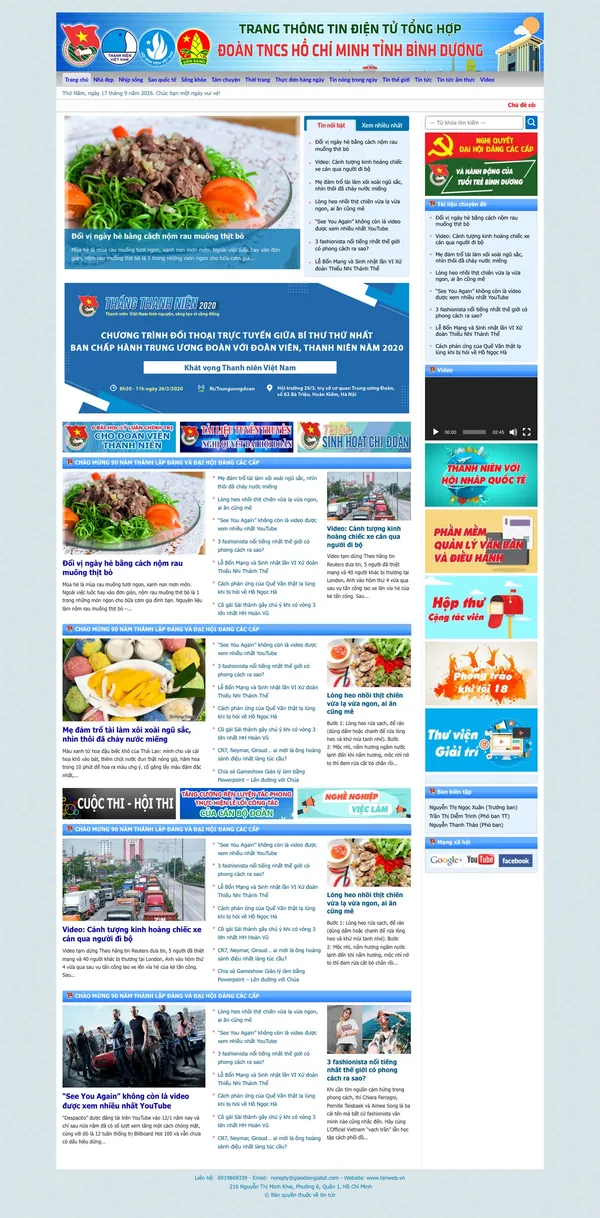 Màn hình đầu mẫu website trang tin tổng hợp với banner rộng và tab tin nổi bật