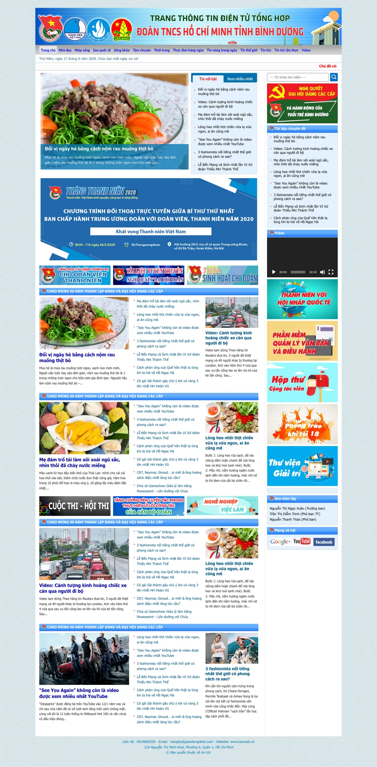 Màn hình đầu mẫu website trang tin tổng hợp với banner rộng và tab tin nổi bật