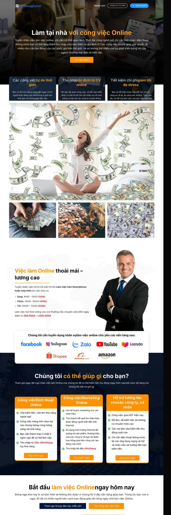 Màn hình đầu mẫu website tuyển cộng tác viên làm việc online dạng landing page