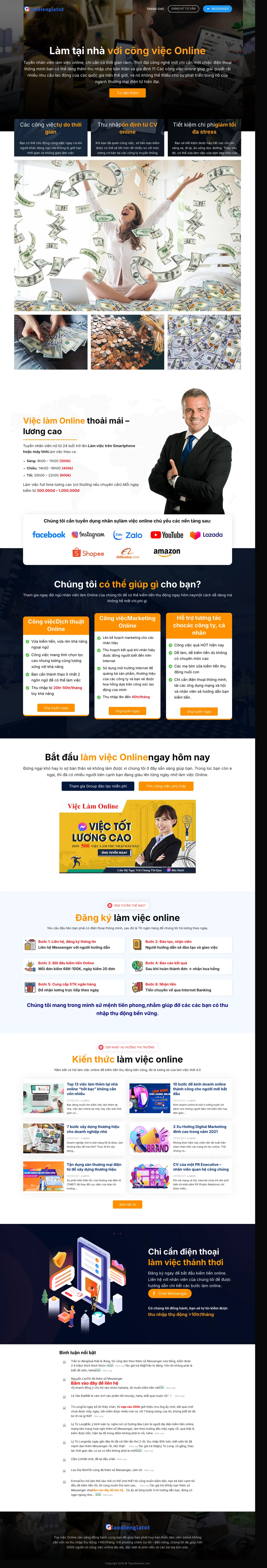 Màn hình đầu mẫu website tuyển cộng tác viên làm việc online dạng landing page