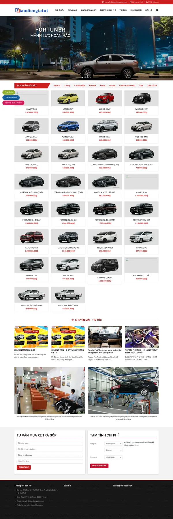 Màn hình đầu mẫu website đại lý ô tô với slider dòng xe và khẩu hiệu