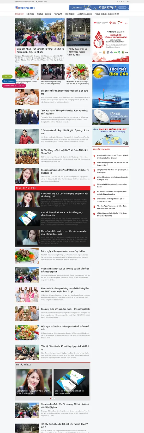 Màn hình đầu mẫu website tin kinh tế biển với bài nổi bật và banner dọc