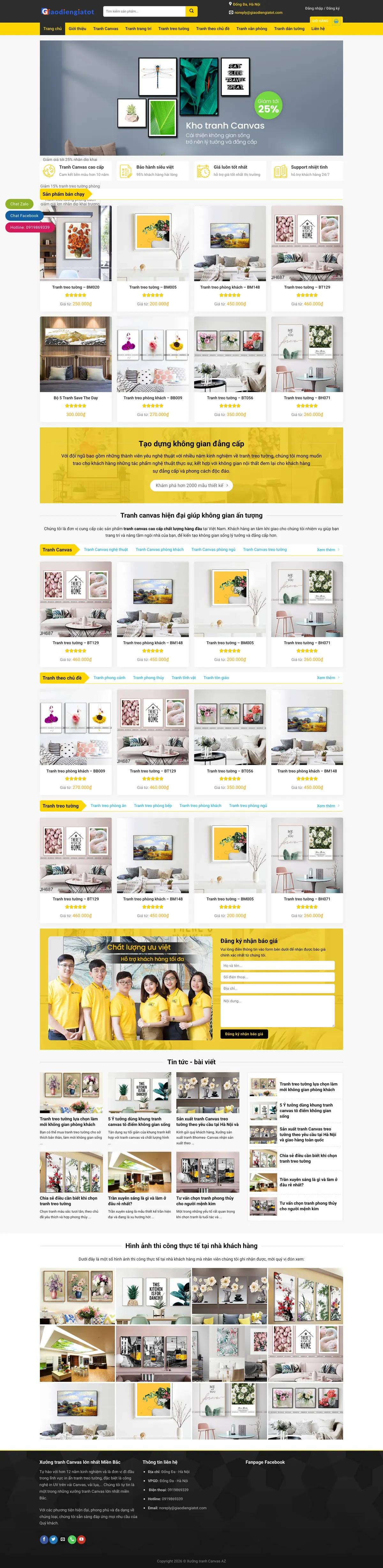 Màn hình đầu mẫu website tranh canvas treo tường với banner và cam kết