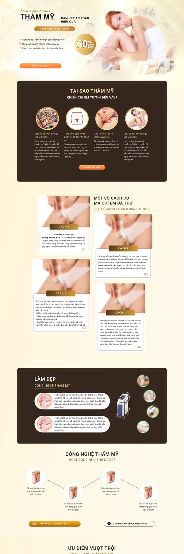 Màn hình đầu landing page dịch vụ triệt lông với banner ưu đãi tông vàng kem