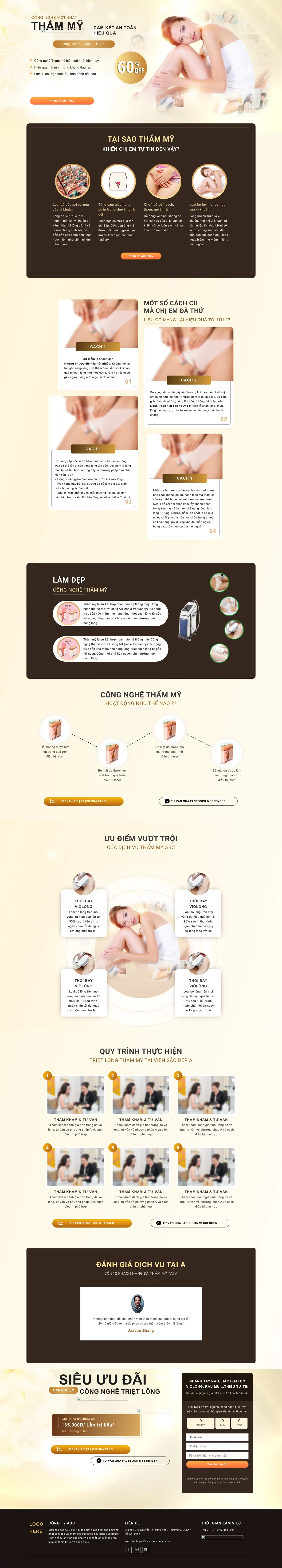 Màn hình đầu landing page dịch vụ triệt lông với banner ưu đãi tông vàng kem