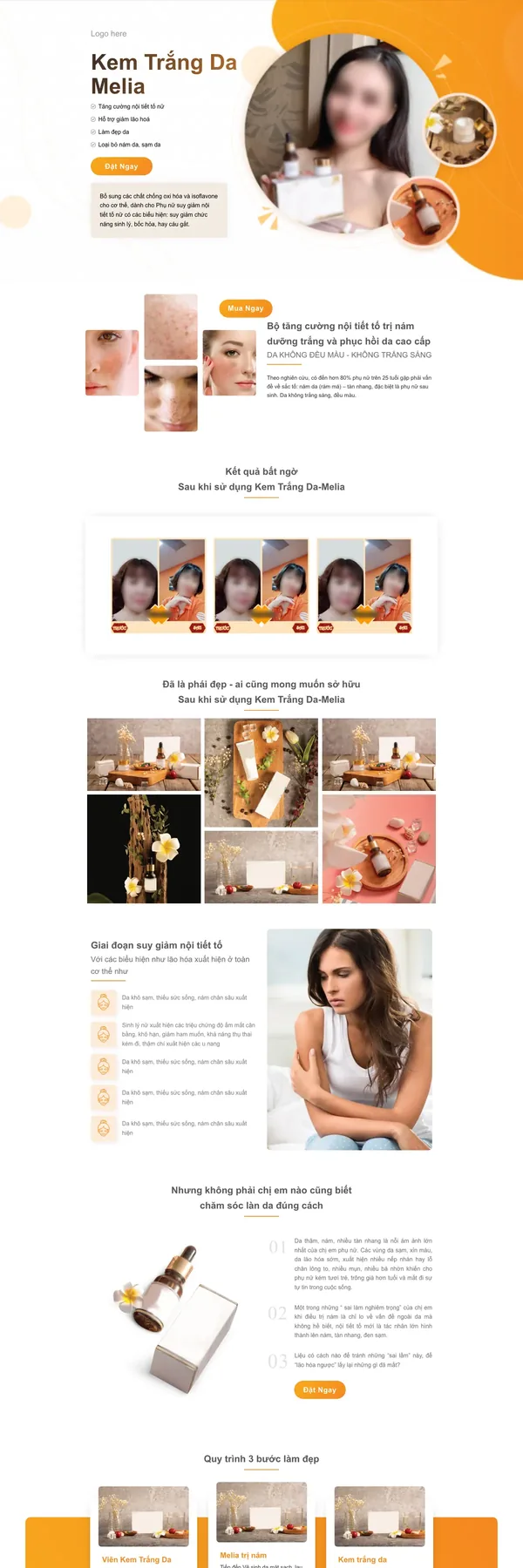 Màn hình đầu landing page mỹ phẩm trắng da tông cam với ảnh sản phẩm