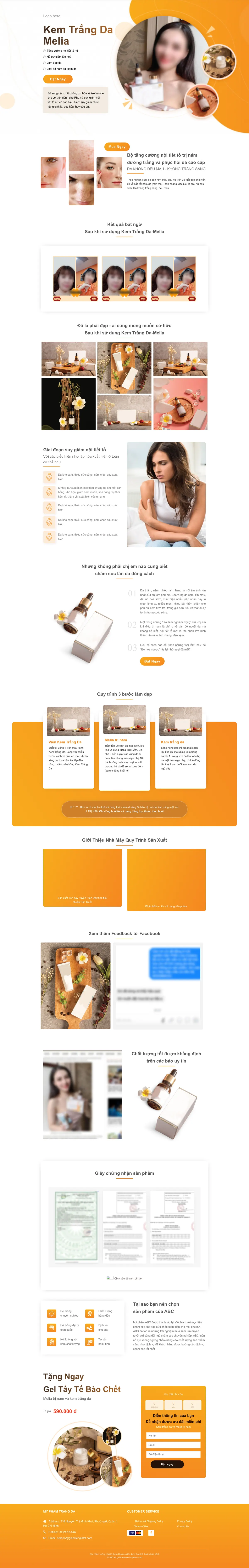Màn hình đầu landing page mỹ phẩm trắng da tông cam với ảnh sản phẩm