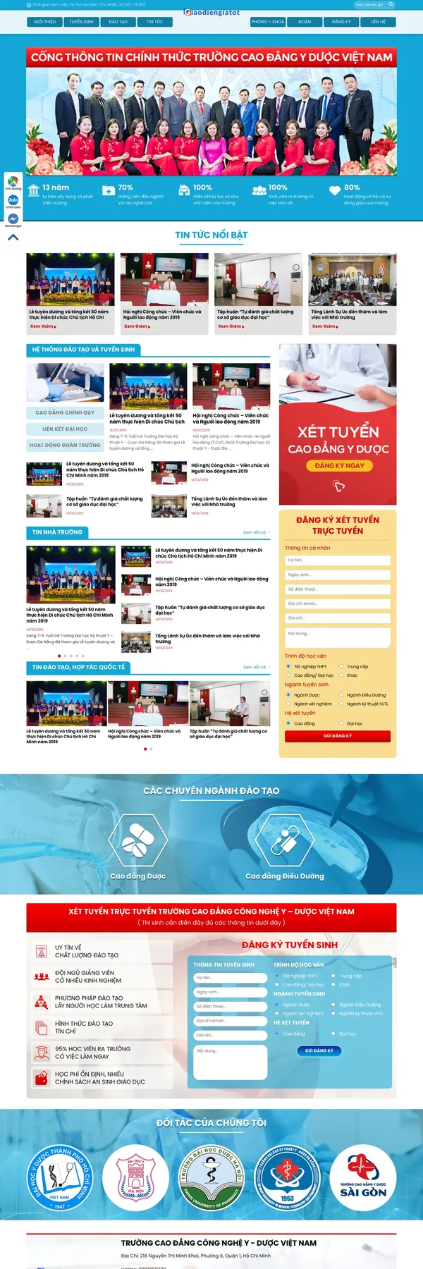 Màn hình đầu mẫu website trường cao đẳng y dược với banner và số liệu nổi bật