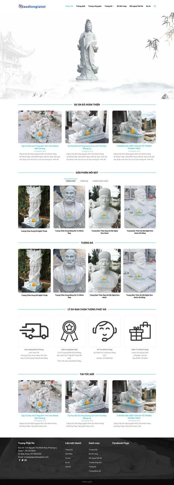 Màn hình đầu mẫu website tượng đá mỹ nghệ với tượng Quan Âm trên nền thủy mặc