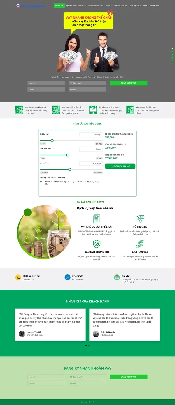 Màn hình đầu landing page vay tiêu dùng với form đăng ký tư vấn